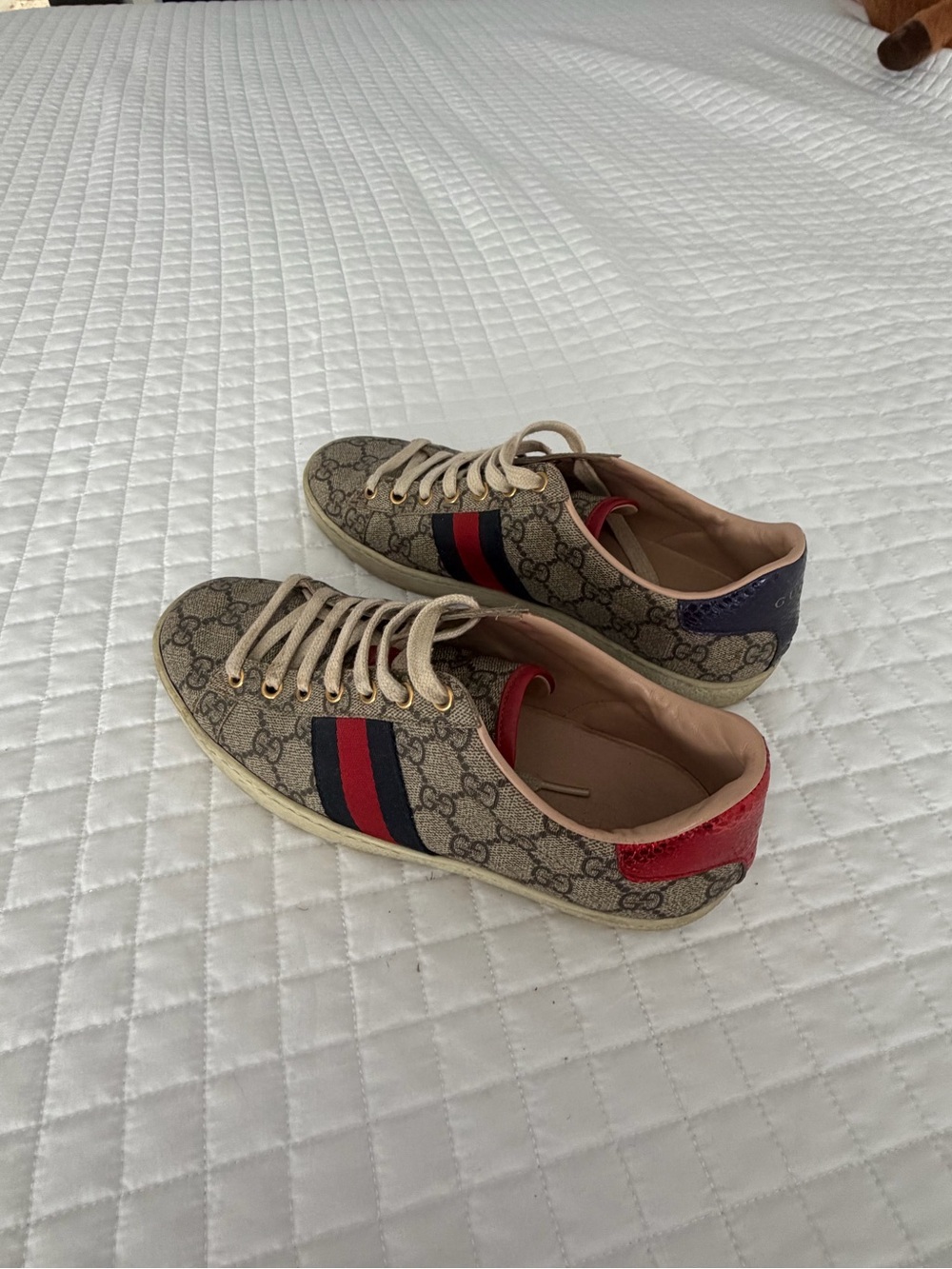 Gucci Beige GG Supreme Sneakers with Red & Blue Web